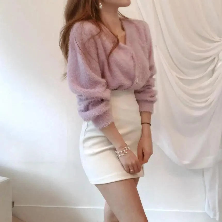Cute Kitty Chic Fashionable V-Neck Single Breasted Mink Short Knitted Sweaters Outerwear For Women Autumn Long Sleeve Sweater Coat