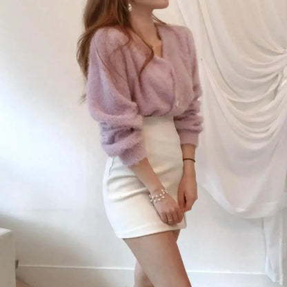 Cute Kitty Chic Fashionable V-Neck Single Breasted Mink Short Knitted Sweaters Outerwear For Women Autumn Long Sleeve Sweater Coat