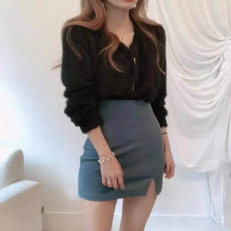 Cute Kitty Chic Fashionable V-Neck Single Breasted Mink Short Knitted Sweaters Outerwear For Women Autumn Long Sleeve Sweater Coat