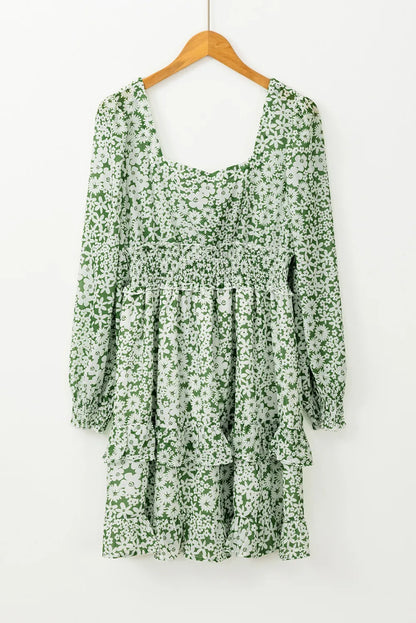 Elegant Ruffle Hem Floral Mini Dress Square Neck Long Sleeve Romantic Dress