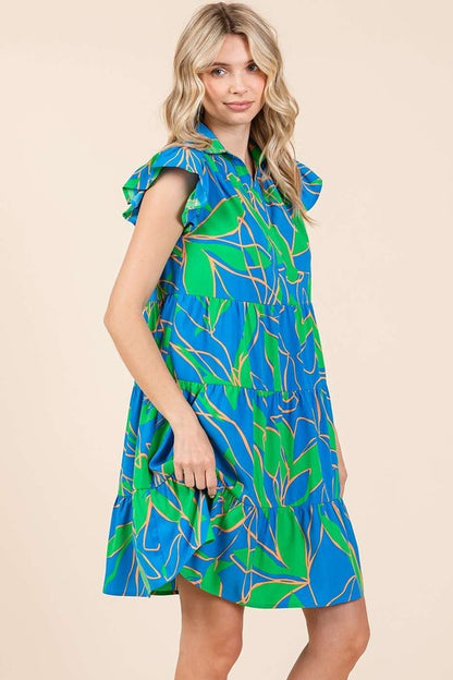 New Summer Leaf Print Ruffle Sleeve Tiered Mini Dress – Fluttering, Fresh and Playful Leaf Pattern with Feminine Ruffle Sleeves