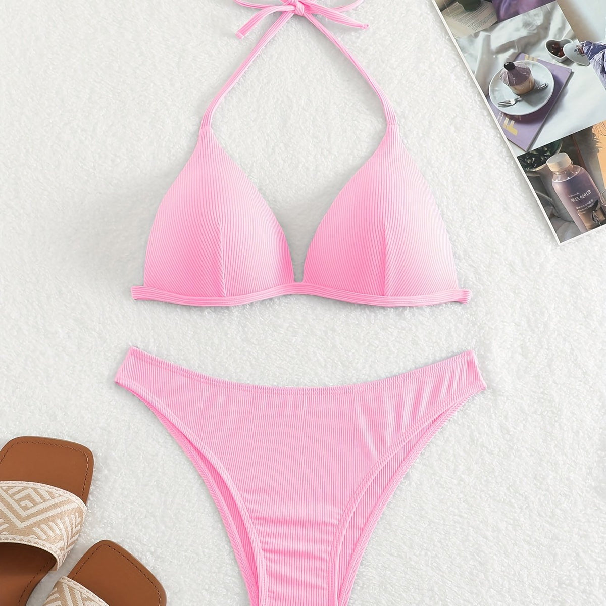 Bikini Rib Knit Solid Color Triangle 2 Piece Swimsuit for Women – Adjustable Tie Back Halter Bikini Set with Spaghetti Straps – High Stretch Polyester Swimwear for Summer Beachwear Poolside Relaxation and Tropical Vacation
