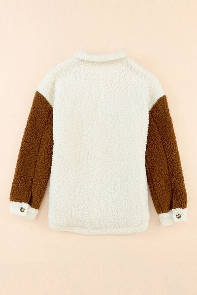 Women Cute Sherpa Jacket with Button Closure and Collared Neck in Elegant Retro Style