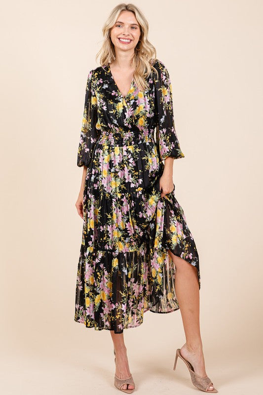 Flower Print Satin Lurex Stripe Smocked Midi Dress For Summer – Elegant and Sparkling Floral Dress with Tiered Design