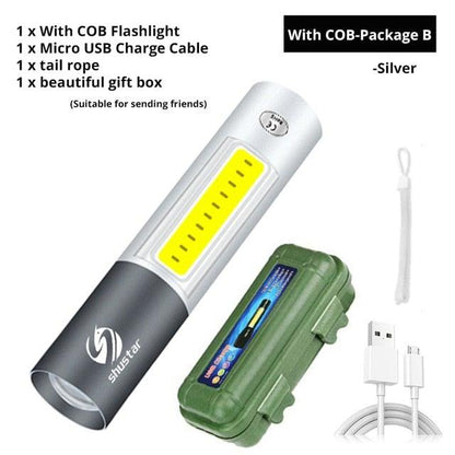 Dual Power LED Flashlight With Pure Beam Slide Focus Waterproof Rechargeable LED USB Telescopic Zoom Portable Flashlight For Night Lighting Night Riding Camping High-Powered Flash Lights