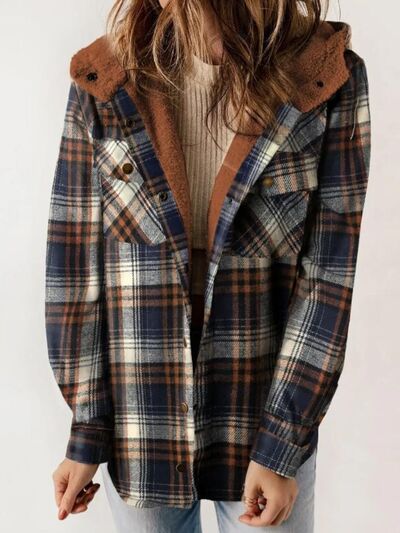 Plaid Snap Down Plush Hooded Jacket Soft & Warm Women Outerwear Cozy And Comfortable Jacket
