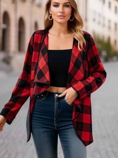 Elegant Plaid Open Front Long Sleeve Jacket Stylish & Cozy Lightweight Breathable Outerwear