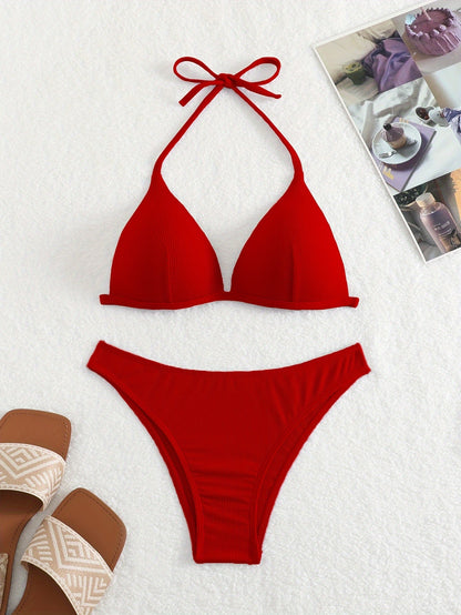 Bikini Rib Knit Solid Color Triangle 2 Piece Swimsuit for Women – Adjustable Tie Back Halter Bikini Set with Spaghetti Straps – High Stretch Polyester Swimwear for Summer Beachwear Poolside Relaxation and Tropical Vacation