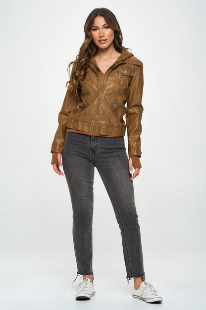 Coalition LA Double Zip Hooded Long Sleeve Vegan Leather Jacket for Women Stylish and Functional Outerwear