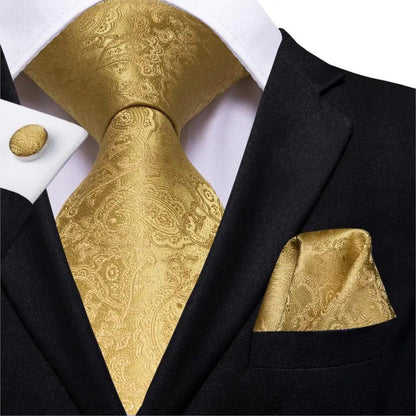 Elegant Business Yellow Gold Ties Men Charming Handkerchiefs Cufflinks Set Unique Design Men Tie Set For Wedding Suit