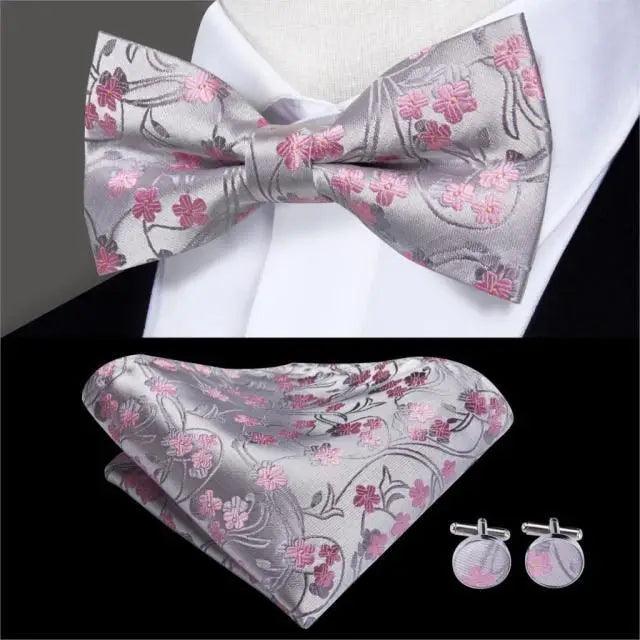 Elegant Silk Butterfly Business Bow Tie Pocket Square Cufflinks Set For Men Formal Wedding Bowtie Set For Office