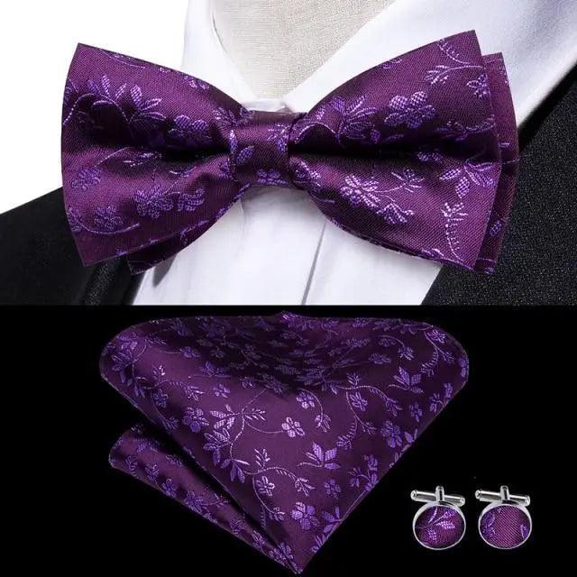 Elegant Silk Butterfly Business Bow Tie Pocket Square Cufflinks Set For Men Formal Wedding Bowtie Set For Office
