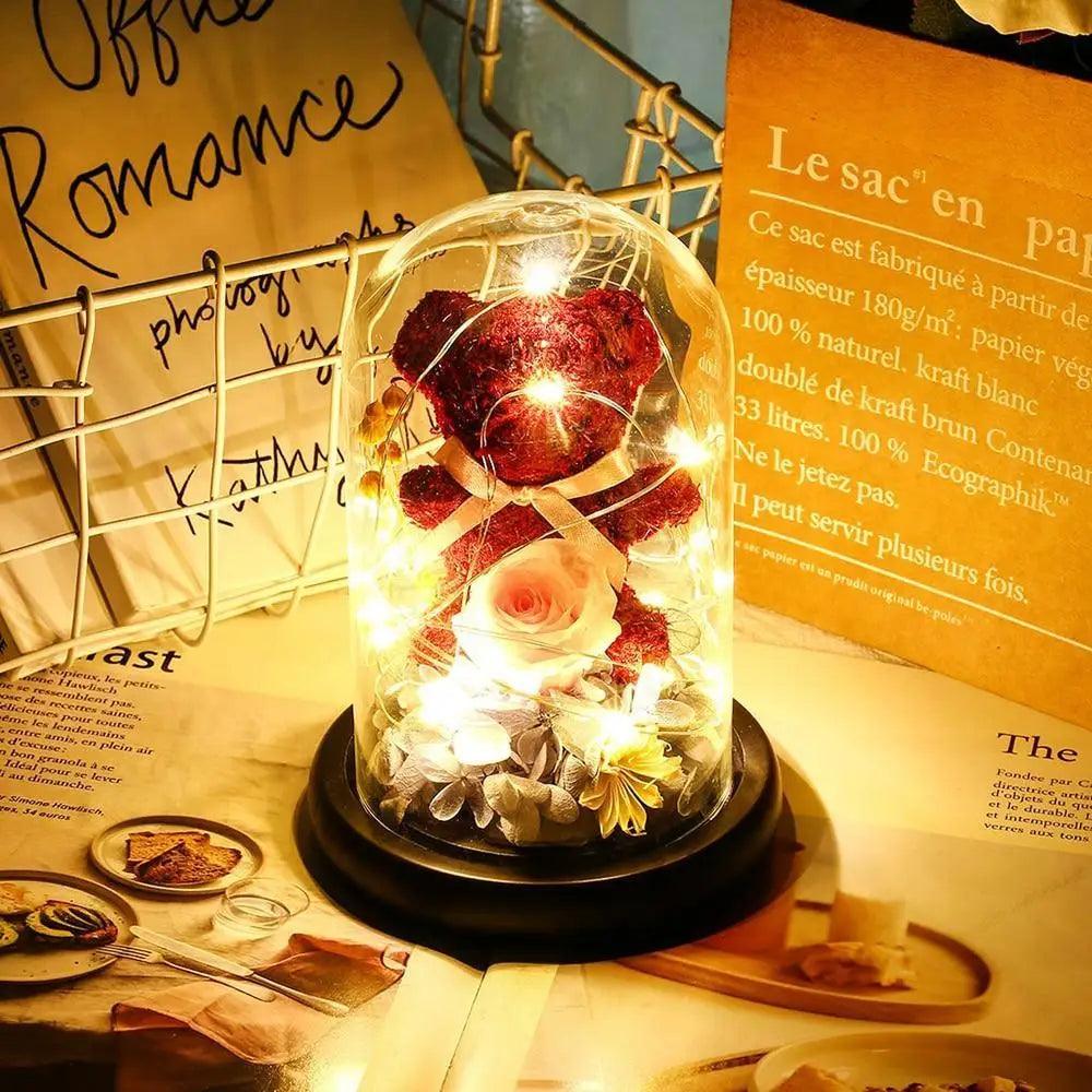 Enchanted Red Rose Teddy Bear In Glass Dome With LED Light - Best Wedding Decoration Birthday Valentine's Day Gift