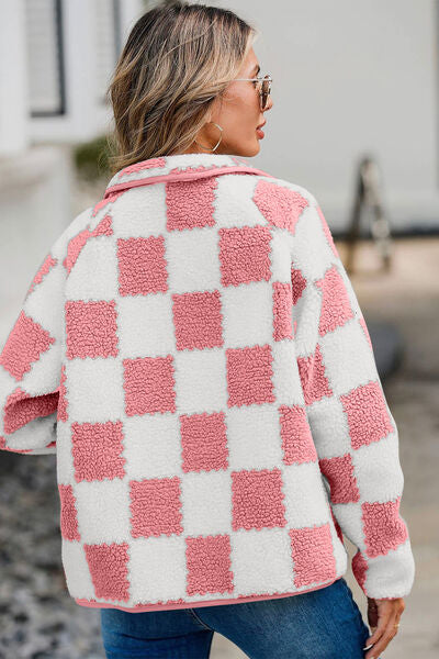 Elegant Checkered Snap Down Long Sleeve Teddy Jacket Soft & Warm Colorful Jacket