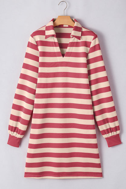 Classic Contrast Black Striped Collar Long Sleeve Mini Dress Stylish & Trendy Casual Dress for Women