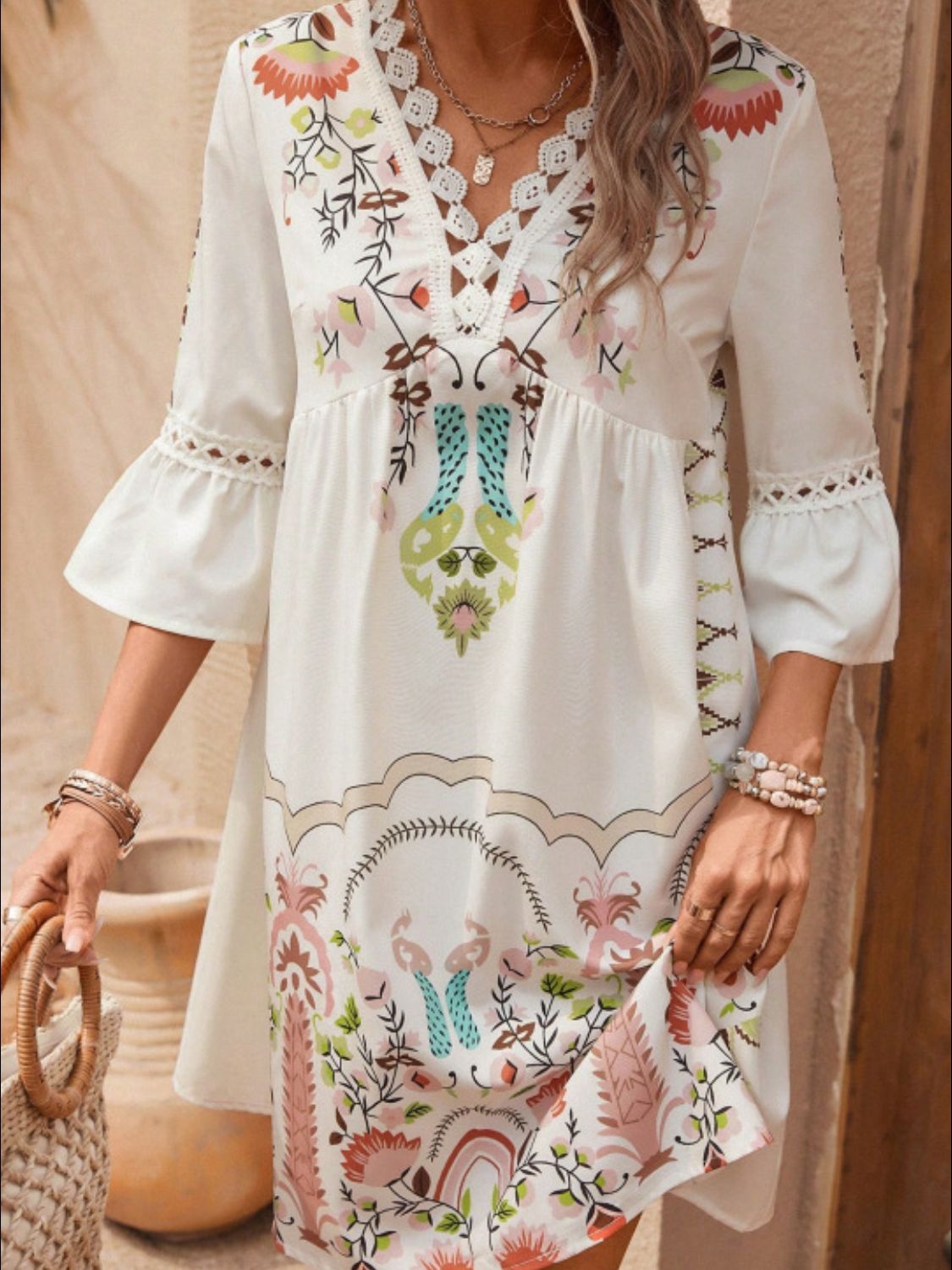 Exquisite Summer Feminine Lace Detail Printed Dress Chic Midi Lightweight Dress