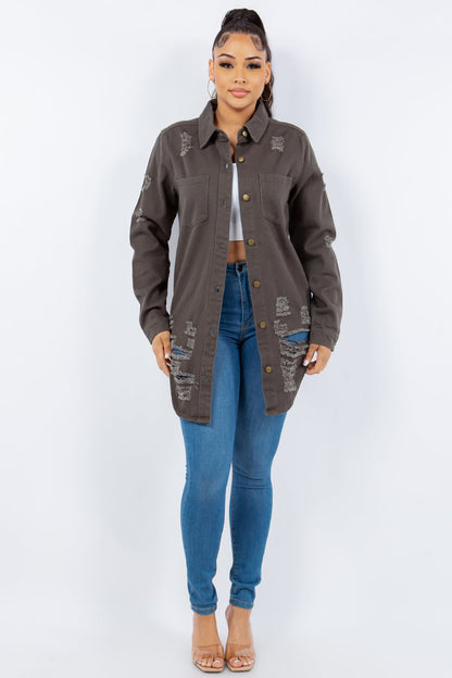 American Bazi Distressed Button Up Long Sleeve Jacket Trendy Buttoned Jacket with Distressed Finish for Women