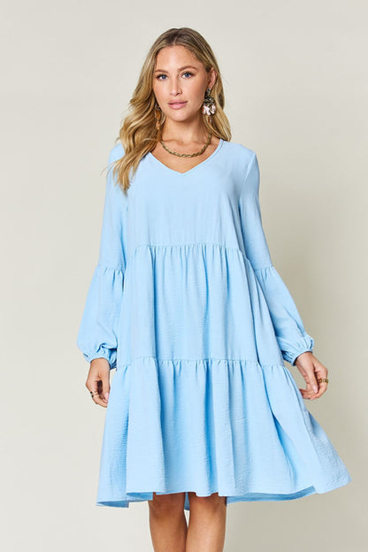 Light Green Double Take Full Size V-Neck Sleeve Tiered Dress with Pockets Elegant & Comfortable Casual Dress