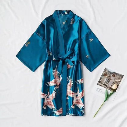 Fashion Blue Floral Bird Print Stylish Bathrobes Modern Comfortable Design Silk Soft Sleepwear For Women