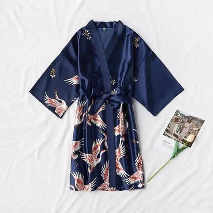 Fashion Blue Floral Bird Print Stylish Bathrobes Modern Comfortable Design Silk Soft Sleepwear For Women