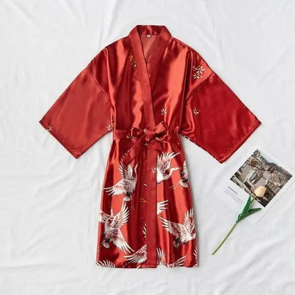 Fashion Blue Floral Bird Print Stylish Bathrobes Modern Comfortable Design Silk Soft Sleepwear For Women