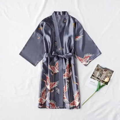 Fashion Blue Floral Bird Print Stylish Bathrobes Modern Comfortable Design Silk Soft Sleepwear For Women