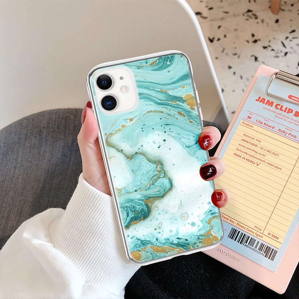 Fashion Marble Pattern Phone Case For iPhone 13 12 11 Pro Max 7 8 6 6S Plus X XR XS Max 12Mini 5 5S SE Cute Soft TPU Cover Full Body Protection with Raised Bezel