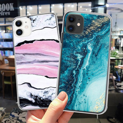 Fashion Marble Pattern Phone Case For iPhone 13 12 11 Pro Max 7 8 6 6S Plus X XR XS Max 12Mini 5 5S SE Cute Soft TPU Cover Full Body Protection with Raised Bezel