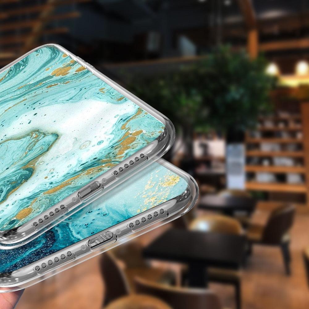 Fashion Marble Pattern Phone Case For iPhone 13 12 11 Pro Max 7 8 6 6S Plus X XR XS Max 12Mini 5 5S SE Cute Soft TPU Cover Full Body Protection with Raised Bezel