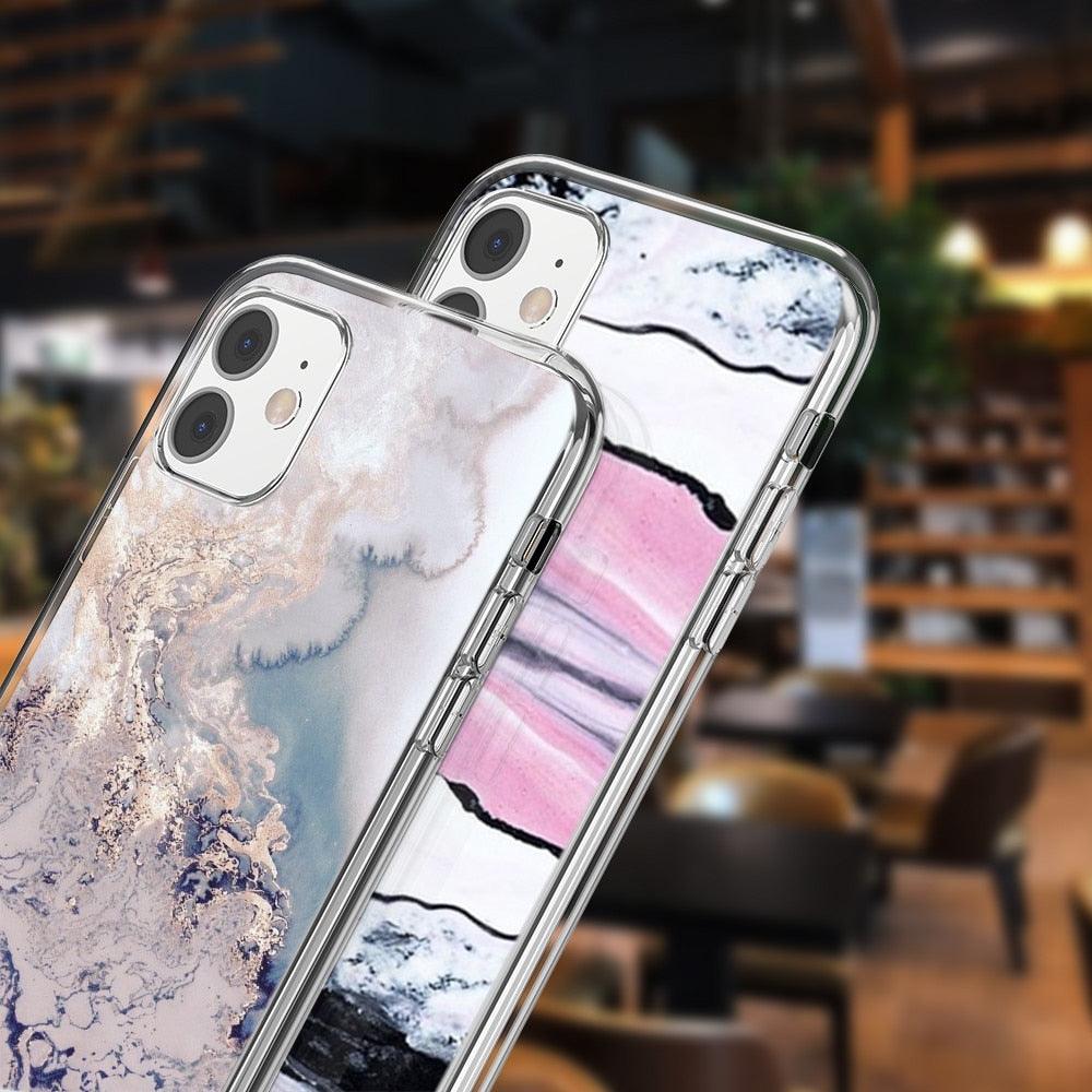 Fashion Marble Pattern Phone Case For iPhone 13 12 11 Pro Max 7 8 6 6S Plus X XR XS Max 12Mini 5 5S SE Cute Soft TPU Cover Full Body Protection with Raised Bezel
