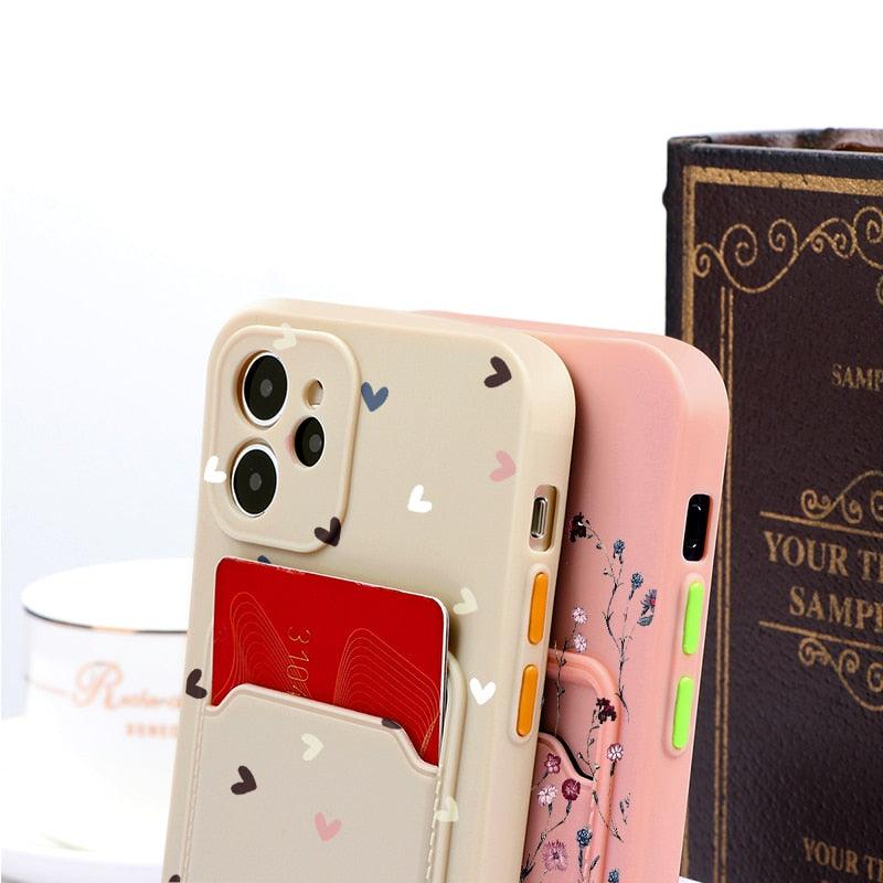 Fashionable Anti-Scratch Soft Lining Protective Case For iPhone Cases Card Holder Cute Flower Heart Phone Case For iPhone 12 13 Mini Pro Beautiful Design  Soft Iphone Case