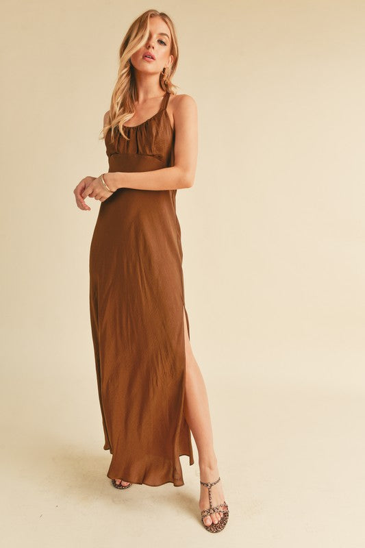 Ruched Side Slit Cutout Back Maxi Cami Dress For Summer–Elegant, Alluring & Sophisticated with Stunning Design