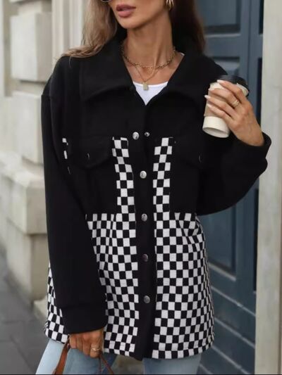 Black Checkered Snap Down Long Sleeve Jacket Stylish & Functional Buttoned Outerwear
