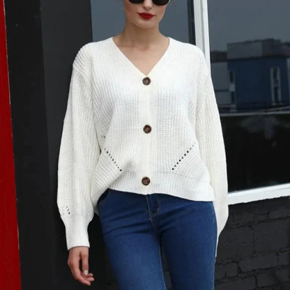 Hot Look Stylish Women's Knitted Cardigans Sweater Fashionable Autumn Long Sleeve Loose Coat Casual Button Thick V Neck Solid Female Tops