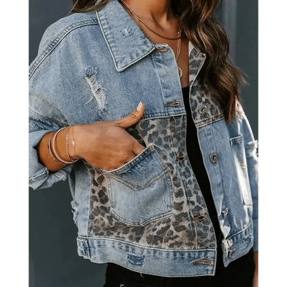 Lavish Style Winter Long-sleeved Jacket Denim Trendy Leopard Print Stitching Lapel Short Jacket For Women And Girls
