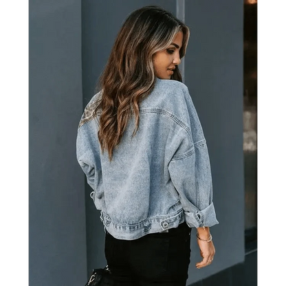 Lavish Style Winter Long-sleeved Jacket Denim Trendy Leopard Print Stitching Lapel Short Jacket For Women And Girls