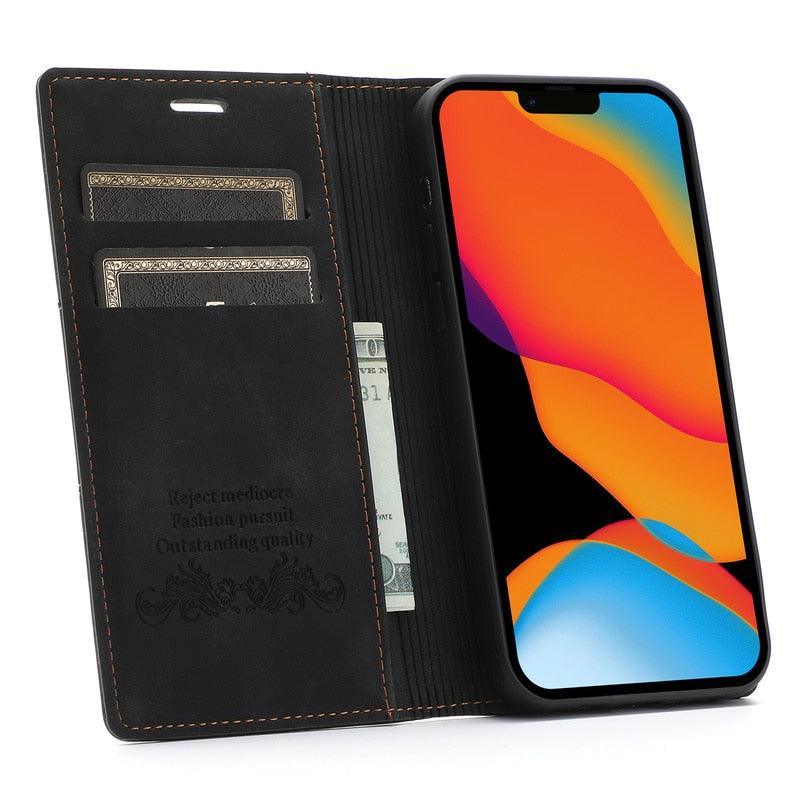 Leather Case Folding Flip Case with Kickstand Credit Card Slot Magnetic Closure Protective Case for iPhone Leather Case For iPhone 14 13 12 11 Pro Mini Flip Case Cover