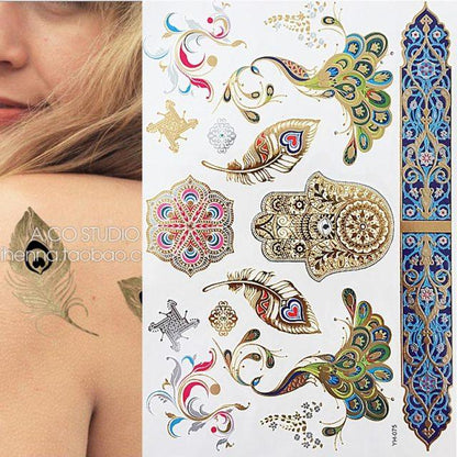 Luxury Flash Metallic Waterproof Temporary Tattoo Gold Silver Flower Tattoo Sticker Long Lasting Gold Design For Womens
