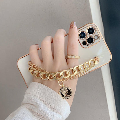 Luxury Glossy Gold Color Metal Coin Bracelet Chain Protective Case Cover For iPhone Soft Case for iPhone 13 12 Pro Max 14 11 pro max X XS XR 7 8 Plus Cover