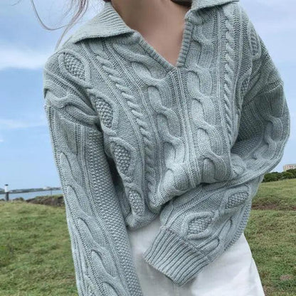 Luxury Kitty Retro Women Sweater Pullovers Knitted Casual Solid Autumn Turn-down Collar Feminine Loose All Match Soft Sweet Tops