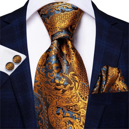 Luxury Men Silk Necktie Pocket Square Matching Handkerchief  Cufflinks Set Formal Design Printed Business Necktie For Men