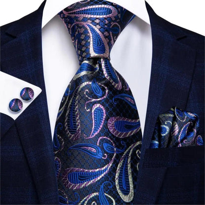 Luxury Men Silk Necktie Pocket Square Matching Handkerchief  Cufflinks Set Formal Design Printed Business Necktie For Men