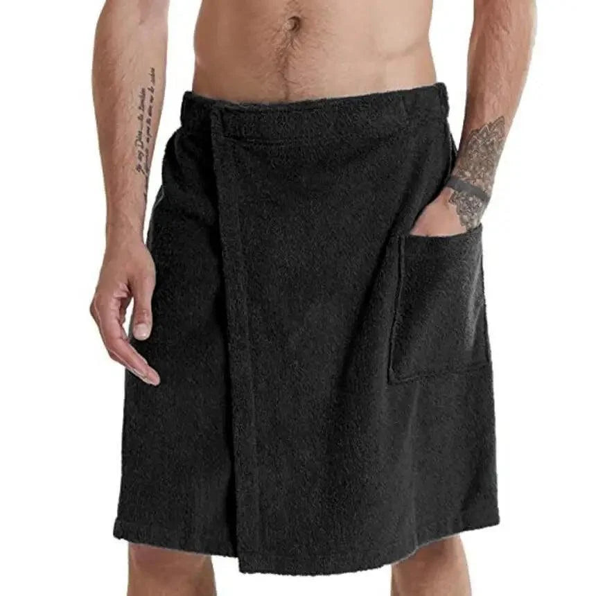 Men Plush Fleece Wrap Spa Gym Bath Wrap Solid Color Classy Design Bathrobes With Pocket Trendy Men's Bath Wrap