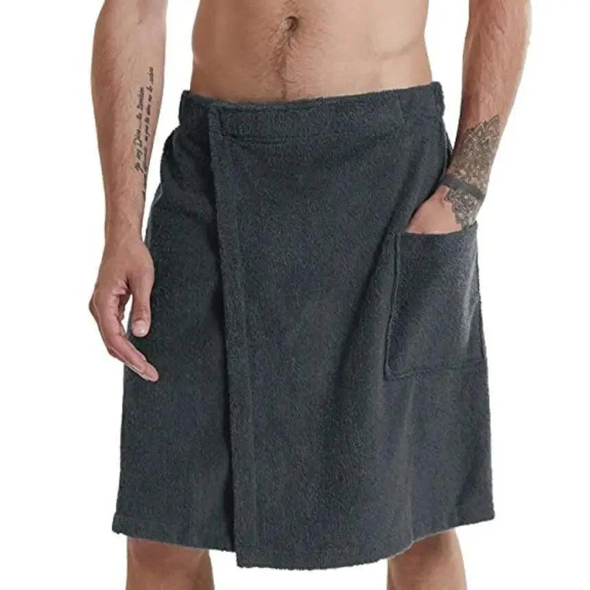 Men Plush Fleece Wrap Spa Gym Bath Wrap Solid Color Classy Design Bathrobes With Pocket Trendy Men's Bath Wrap
