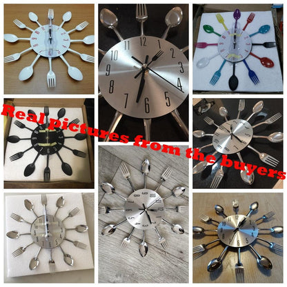 Metal Kitchen Wall Clock Creative  Kitchen Wall Clock 3D Modern Creative Kitchen Cutlery Spoon Fork Time Like Wall Clock Wall Sticker Room Home Decoration Quartz Wall Art Cutlery Mounted Clocks Modern Design Home Decorative