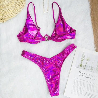 Neon V-bar Underwired Bikini Female Ribbed Swimsuit Women Swimwear Two-pieces Bikini set Push up Bathing Suit
