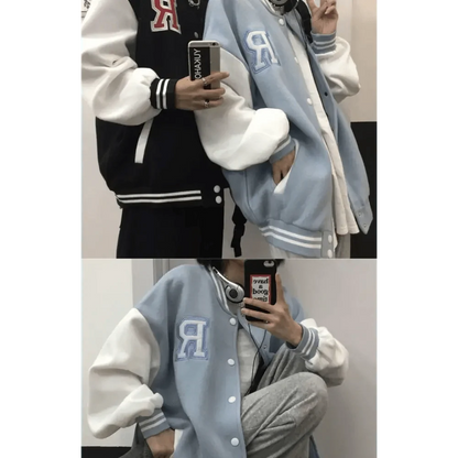New Elegance Spring Autumn Coat Baseball Bomber Jacket Loose Letter R Men Women Couples Tops Plus Size Jackets Streetwear