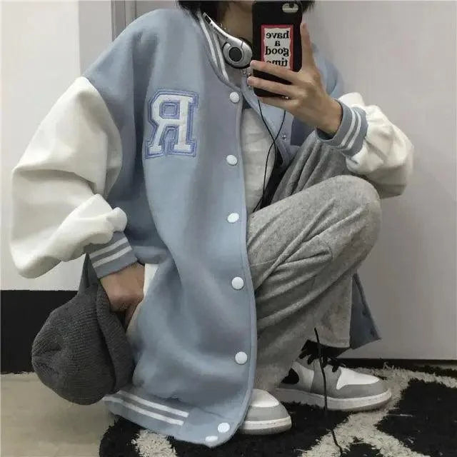New Elegance Spring Autumn Coat Baseball Bomber Jacket Loose Letter R Men Women Couples Tops Plus Size Jackets Streetwear