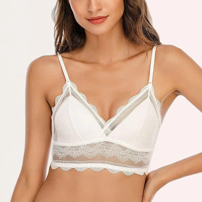 New Splendid French Style Lingerie Soft Bralette Deep V Lace Wireless Triangular Padded Cups Backless Bra