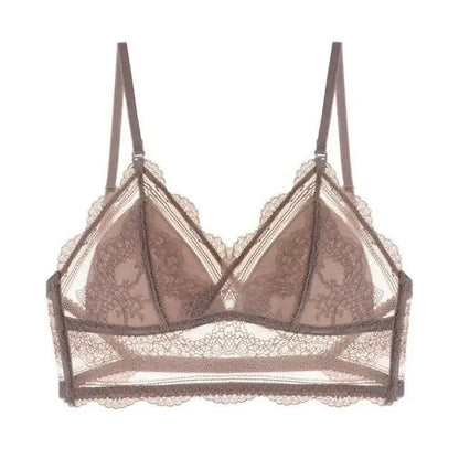 New Splendid French Style Lingerie Soft Bralette Deep V Lace Wireless Triangular Padded Cups Backless Bra